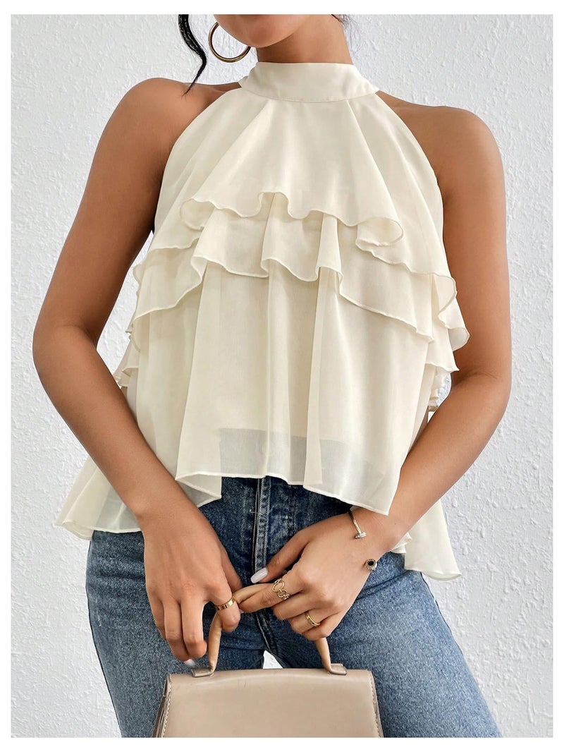 OYOANGLE Women's Layered Ruffle Hem Sleeveless Halter Chiffon Blouse Flowy Tank Tops Beige Large - Image 3