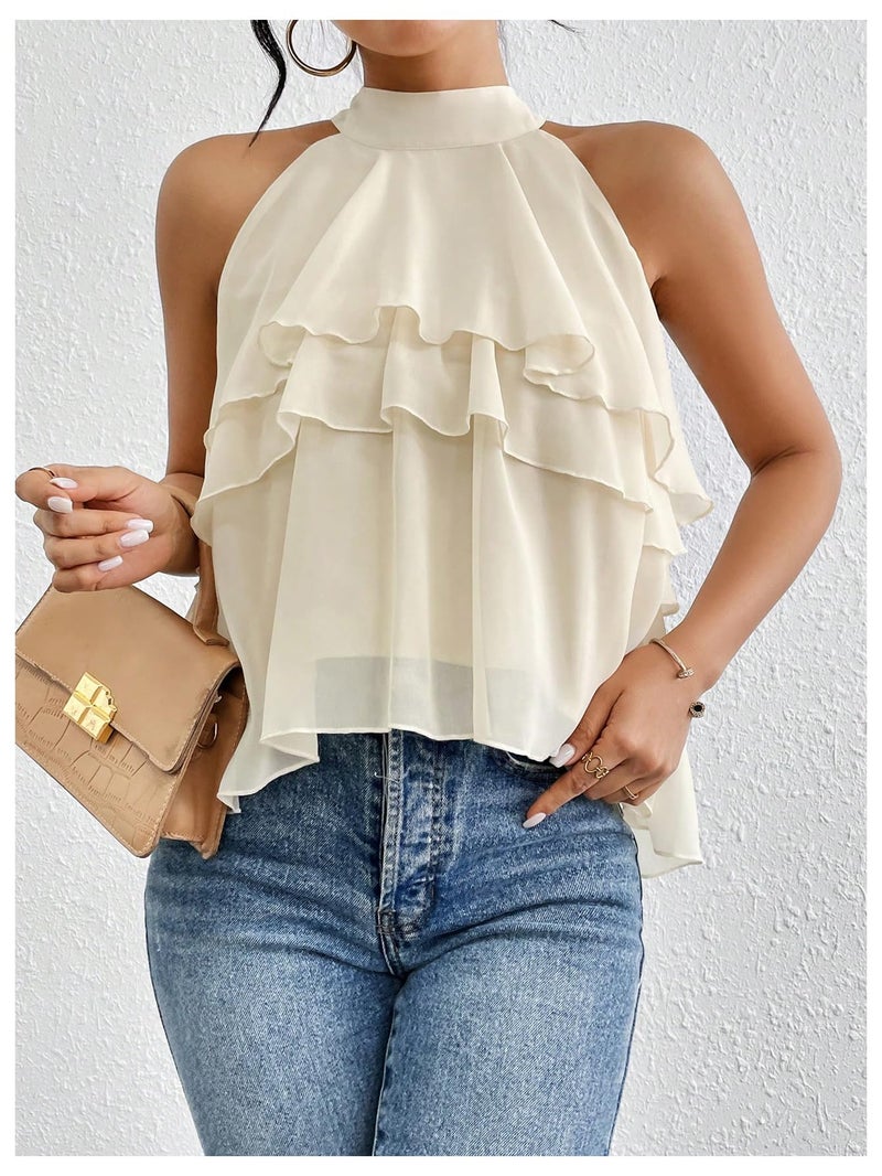 OYOANGLE Women's Layered Ruffle Hem Sleeveless Halter Chiffon Blouse Flowy Tank Tops Beige Large - Image 5