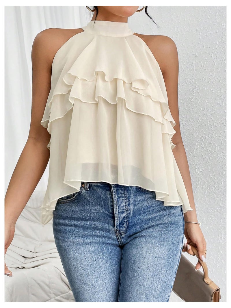 OYOANGLE Women's Layered Ruffle Hem Sleeveless Halter Chiffon Blouse Flowy Tank Tops Beige Large - Image 4