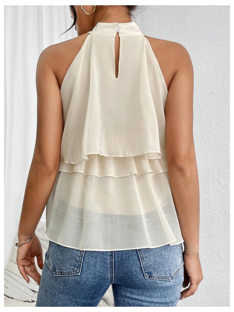 OYOANGLE Women's Layered Ruffle Hem Sleeveless Halter Chiffon Blouse Flowy Tank Tops Beige Large - Image 2