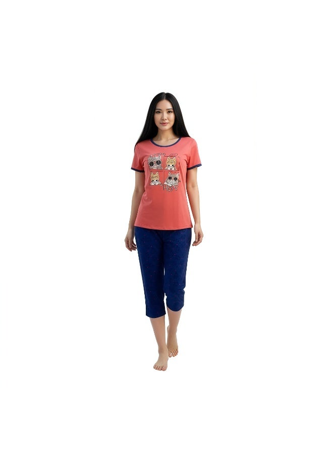 جوانا طقم بيجاما نسائي بطبعة حيوانات بقميص نصف كم وبنطال كابري - كورال/أحمر - مقاس XL - Image 1