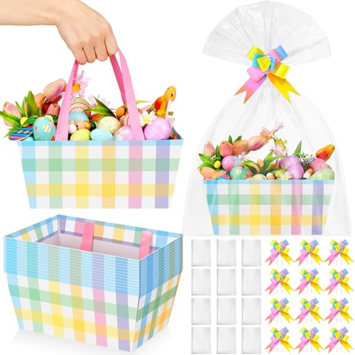 Skyygemm 12 Pcs Pastel Basket for Gifts Empty Colorful Pink Plaid Paper Gift Baskets with Handles Ribbons Bows Cellophane Bags to Fill for Candy Easter Spring Summer Party Favors Supplies 98x65 - Image 1