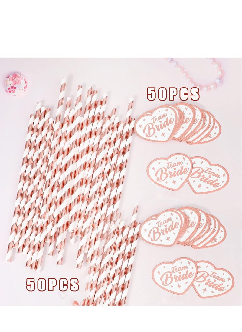 SYOSI - 50 Party Straws Team Bride Straws, Rose Gold Hen Party Paper Straws Team Bride Drinking Straws Bridal Shower Paper Straws Hen Do Accessories for Wedding Bachelorette Hen Party Accessories - Image 1