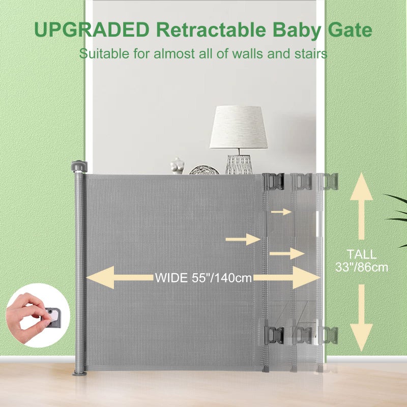 Mypin Retractable Baby Gate, Extra Wide Safety Kids or Pets Gate, 33â€ Tall, Extends to 55â€ Wide, Mesh Safety Dog Gate for Stairs, Indoor, Outdoor, Doorways, Hallways(33â€x55â€- Grey) - Image 2