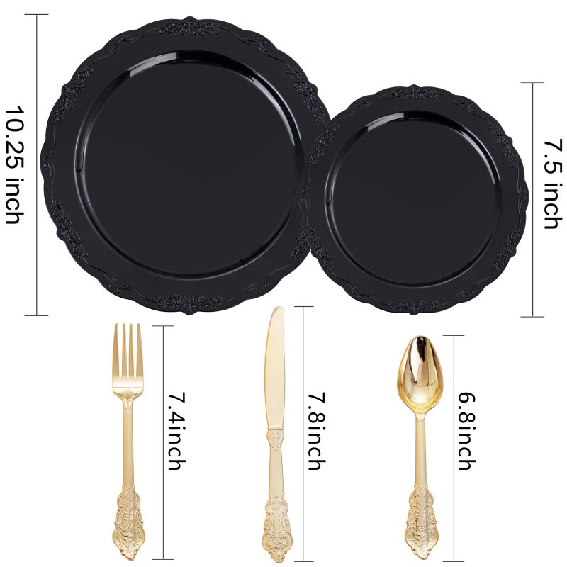 DaYammi 150Pcs Black Plastic Plates & Gold Plastic Silverware  Black Disposable Plates Set Include 30 Dinner Platos  30 Dessert Platos  30 Golden Knives  30 Gold Forks  30 Golden Spoons for Party - Image 1