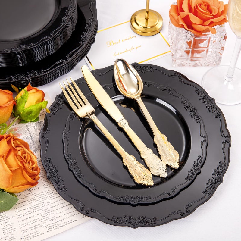 DaYammi 150Pcs Black Plastic Plates & Gold Plastic Silverware  Black Disposable Plates Set Include 30 Dinner Platos  30 Dessert Platos  30 Golden Knives  30 Gold Forks  30 Golden Spoons for Party - Image 4