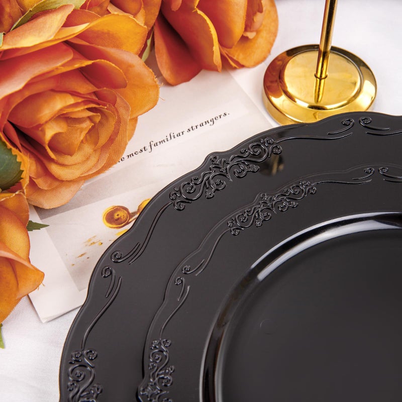 DaYammi 150Pcs Black Plastic Plates & Gold Plastic Silverware  Black Disposable Plates Set Include 30 Dinner Platos  30 Dessert Platos  30 Golden Knives  30 Gold Forks  30 Golden Spoons for Party - Image 2