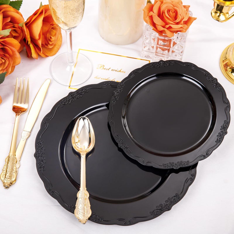 DaYammi 150Pcs Black Plastic Plates & Gold Plastic Silverware  Black Disposable Plates Set Include 30 Dinner Platos  30 Dessert Platos  30 Golden Knives  30 Gold Forks  30 Golden Spoons for Party - Image 3