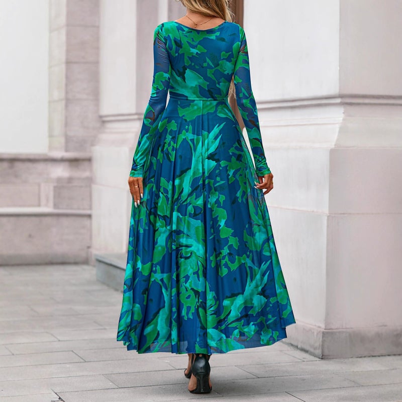 Autumn Women's Elegant Long Sleeve Square Neck Floral Print Party Dress - Image 2