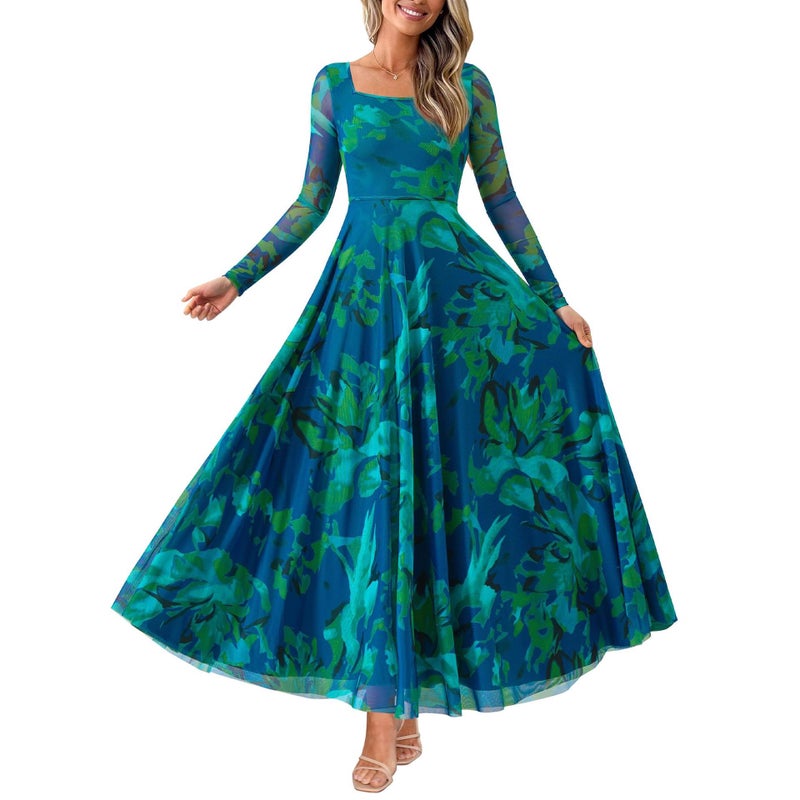 Autumn Women's Elegant Long Sleeve Square Neck Floral Print Party Dress - Image 1