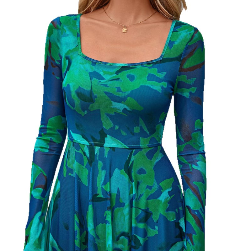 Autumn Women's Elegant Long Sleeve Square Neck Floral Print Party Dress - Image 5