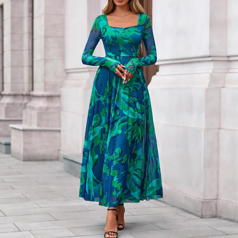 Autumn Women's Elegant Long Sleeve Square Neck Floral Print Party Dress - Image 4