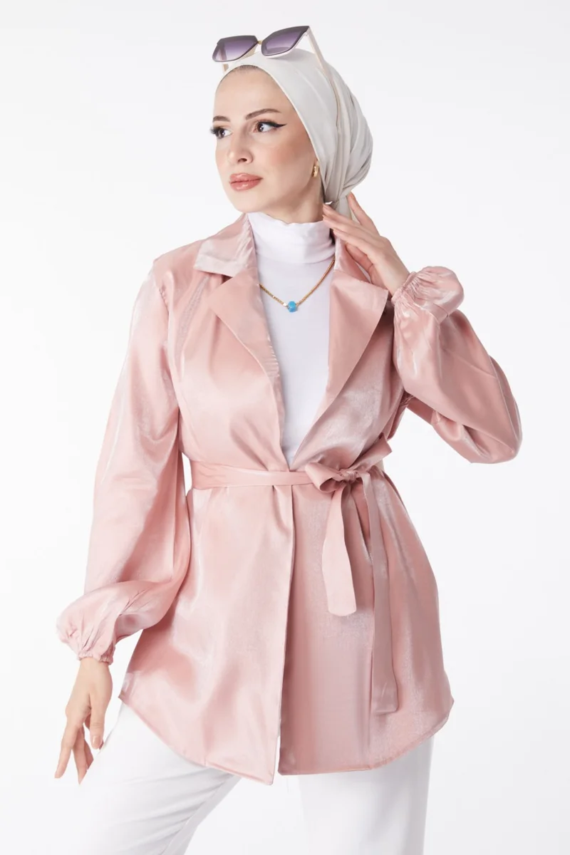 Tofisa Plain Jacket Collar Women's Pink Shiny Detailed Belted Jacket - 24752