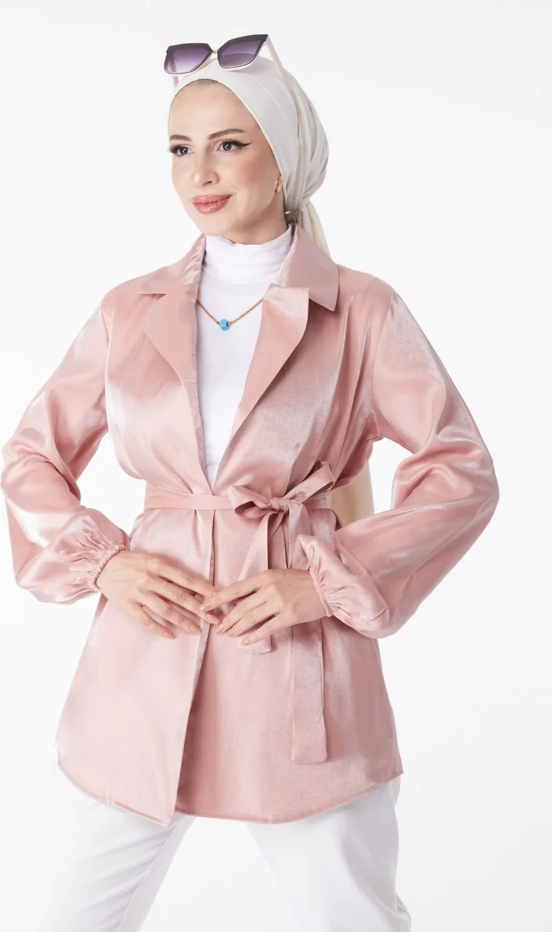 Tofisa Plain Jacket Collar Women's Pink Shiny Detailed Belted Jacket - 24752