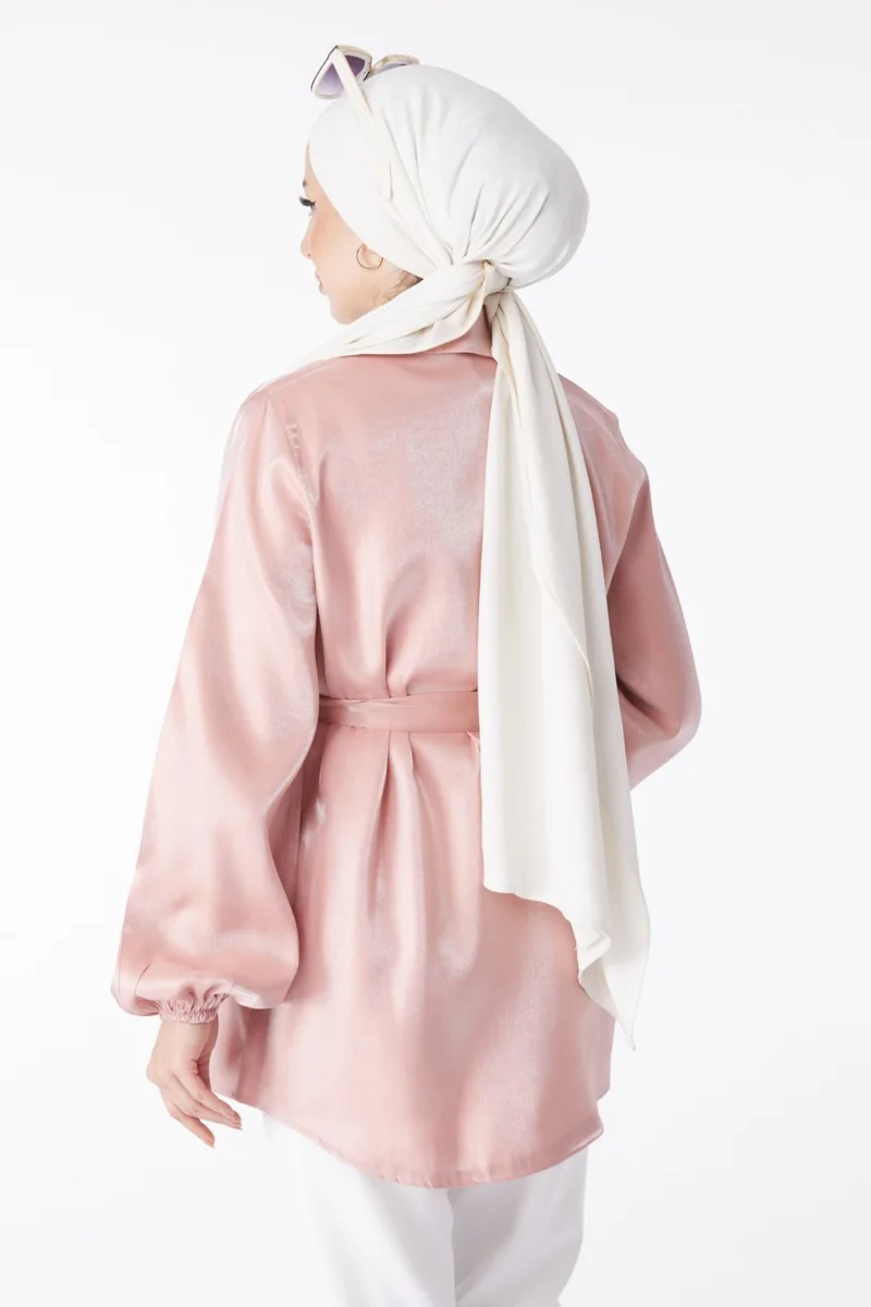 Tofisa Plain Jacket Collar Women's Pink Shiny Detailed Belted Jacket - 24752