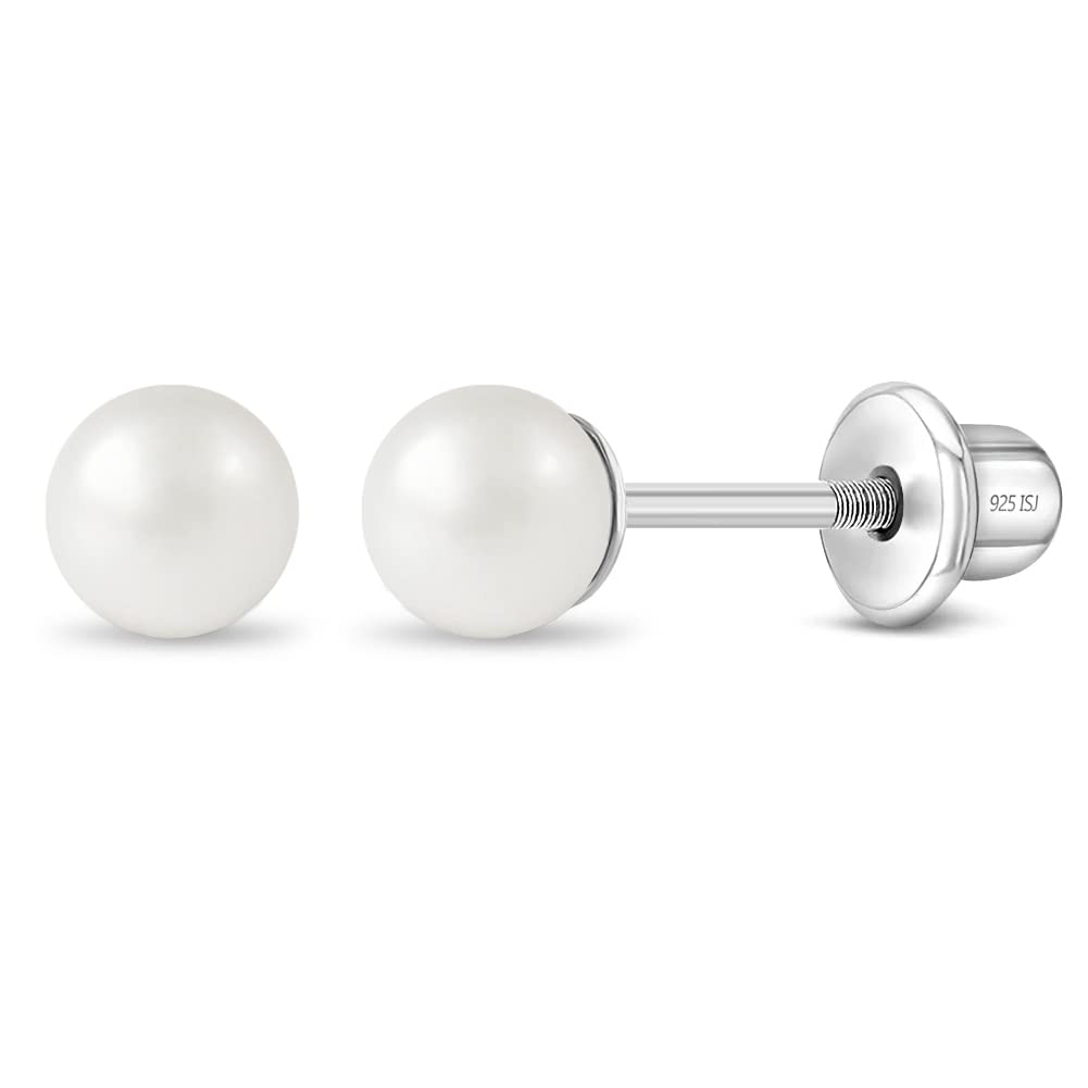 925 Sterling Silver Classic 4mm Simulated Pearl Girl's Earrings with Safety Screw Backs - Screwback Toddler Earrings for Little Girls - Great Gift for Birthdays & Baptisms