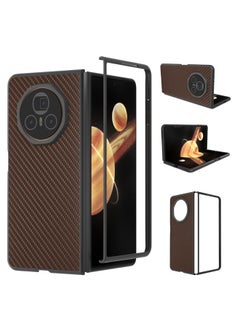 For Honor Magic V3 Black Frame Carbon Fiber Texture PU Phone Case(Coffee)
