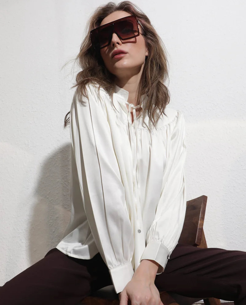 Rareism Women's Satin Gathered Top With Built-Up Collar