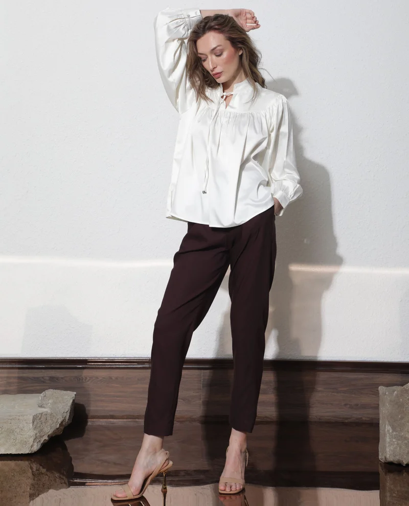 Rareism Women's Satin Gathered Top With Built-Up Collar