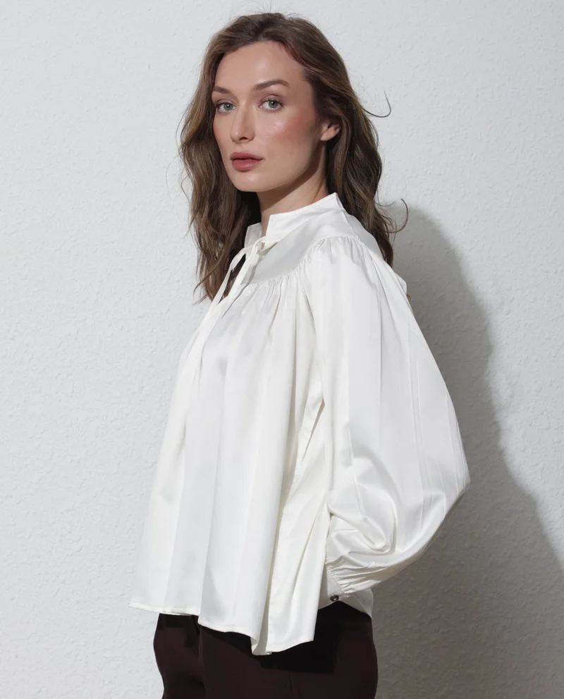 Rareism Women's Satin Gathered Top With Built-Up Collar