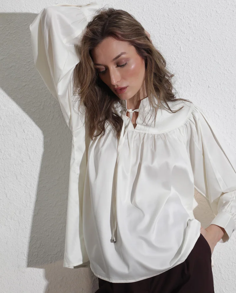 Rareism Women's Satin Gathered Top With Built-Up Collar