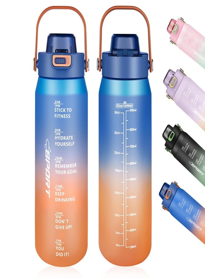 Gulex Motivational Water Bottle 32oz with Time Marker- Leakproof & BPA Free Sports Water Bottle with Straw & Carry Strap for Gym, Travel and Outdoor Sports (Blue/Orange Gradient) - Image 1