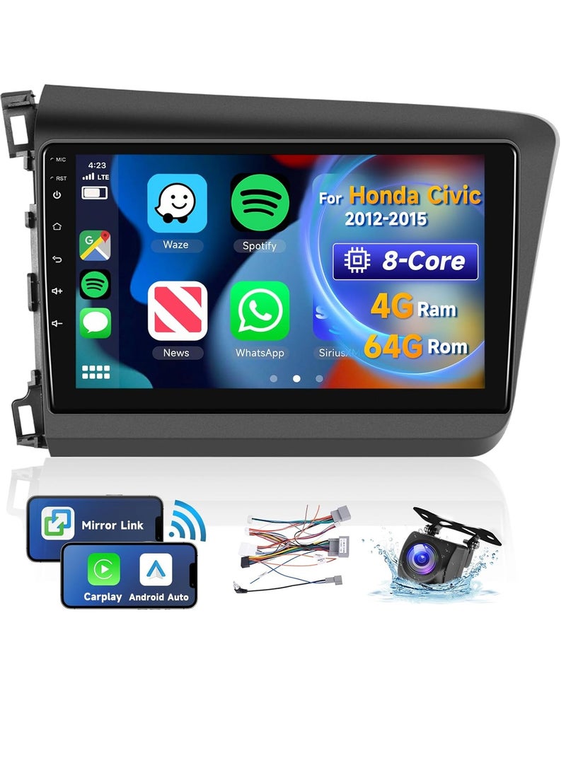 Generic - [8 CORE 4G+64G] for Honda Civic 2012-2015 Car Radio with Wireless Carplay/Android Auto, 9 Inch Android 13 IPS Touch Screen Car Stereo, Bluetooth, GPS Navi, WiFi, SWC, DSP + Backup Camera - Image 1