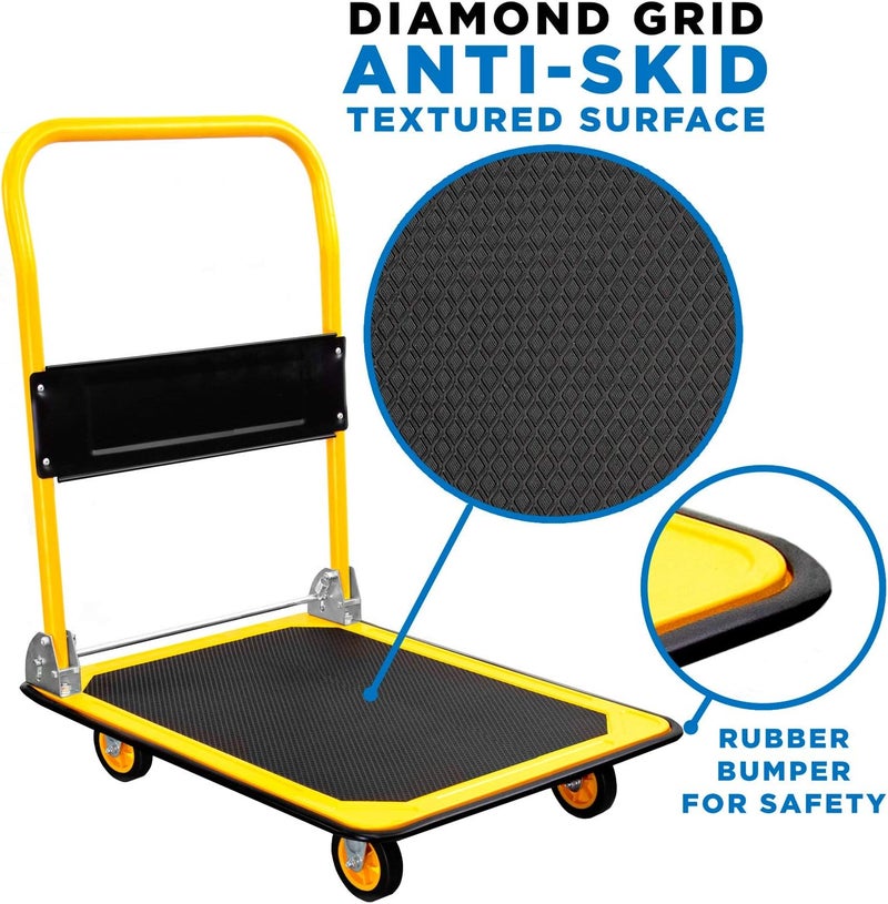 MOUNT-IT! Platform Truck – Folding Hand Truck with 660lb Capacity, Push Cart Dolly with Swivel Wheels, Foldable Flatbed Design, Durable Dolly Cart with Wheels – Compact Cart for Easy Transport(Yellow) - Image 4