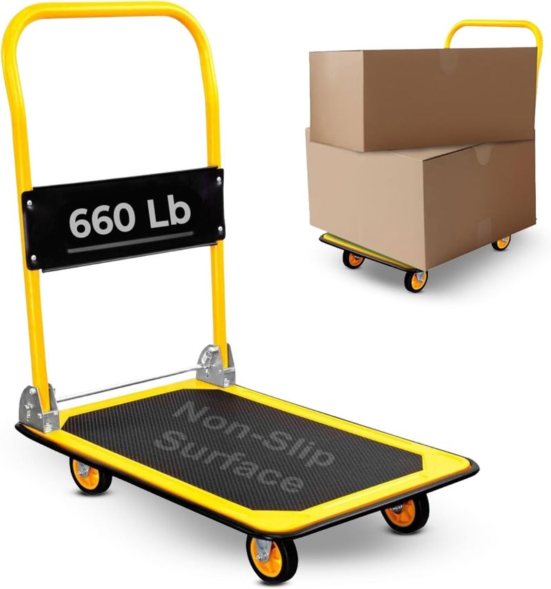 MOUNT-IT! Platform Truck – Folding Hand Truck with 660lb Capacity, Push Cart Dolly with Swivel Wheels, Foldable Flatbed Design, Durable Dolly Cart with Wheels – Compact Cart for Easy Transport(Yellow) - Image 1