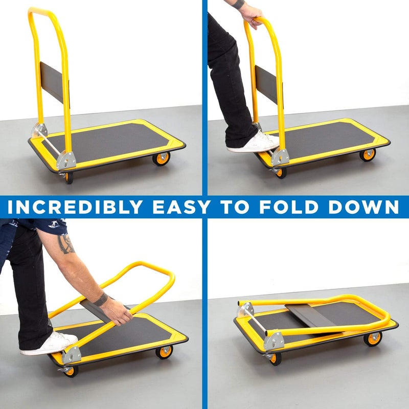 MOUNT-IT! Platform Truck – Folding Hand Truck with 660lb Capacity, Push Cart Dolly with Swivel Wheels, Foldable Flatbed Design, Durable Dolly Cart with Wheels – Compact Cart for Easy Transport(Yellow) - Image 3