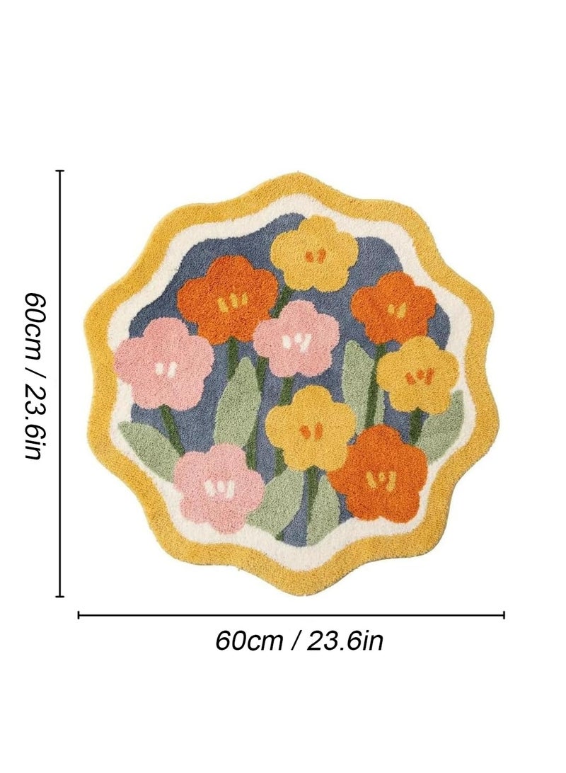 LOOPITYS 60 X 60cm Cute Flower Round Bathroom Carpet Anti slip Washable Bohemian Colored Flower Round Carpet Kitchen Bedroom Entrance Decoration Throwing Carpet Beautiful, Fashionable, Fluffy Microfiber Large Carpet - Image 2