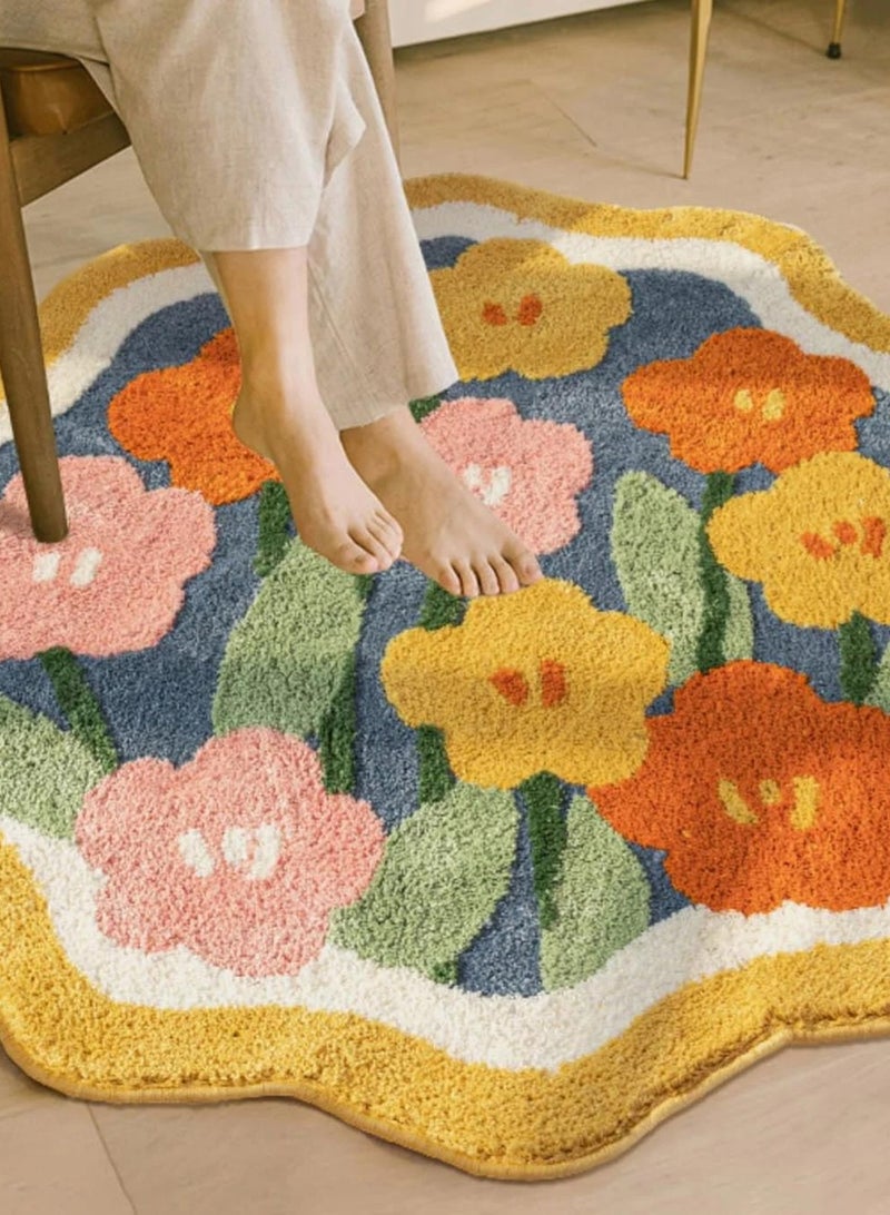 LOOPITYS 60 X 60cm Cute Flower Round Bathroom Carpet Anti slip Washable Bohemian Colored Flower Round Carpet Kitchen Bedroom Entrance Decoration Throwing Carpet Beautiful, Fashionable, Fluffy Microfiber Large Carpet - Image 3