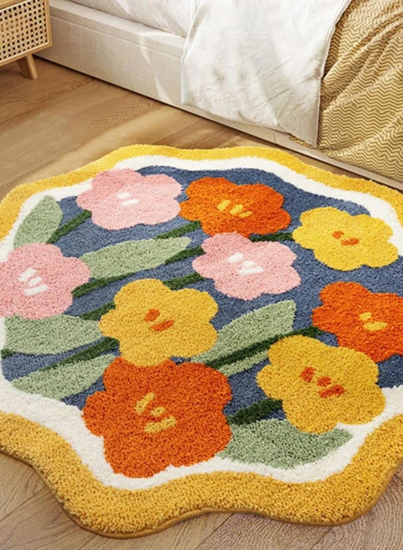 LOOPITYS 60 X 60cm Cute Flower Round Bathroom Carpet Anti slip Washable Bohemian Colored Flower Round Carpet Kitchen Bedroom Entrance Decoration Throwing Carpet Beautiful, Fashionable, Fluffy Microfiber Large Carpet - Image 1