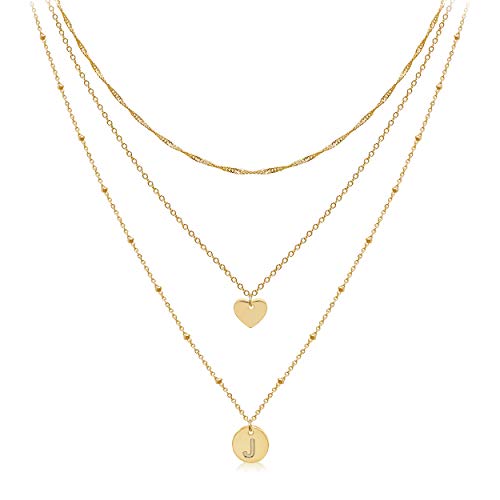Aisansty Layered Gold Heart Initial Necklaces for Women Gold Plated Handmade Dainty Personalized Letter Coin Pendant Adjustable Layering Choker Necklaces,(J),Christmas Gift for Her - Image 1