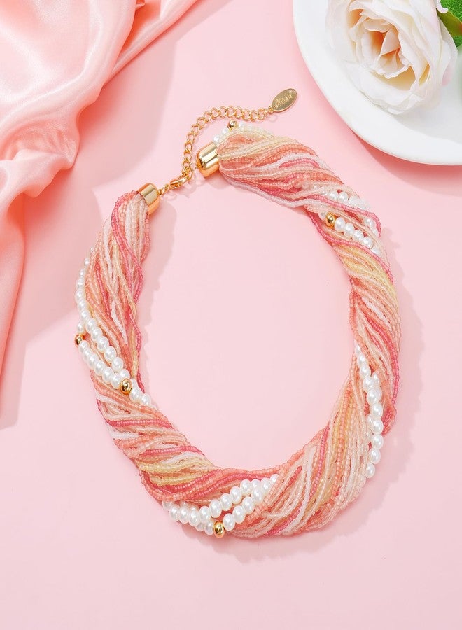 بوكار قلادة بوكار متعددة الطبقات بتصميم صدرية سميكة، مزينة بخرز ولؤلؤ بألوان متنوعة، هدية مثالية للنساء (NK-10775) (برتقالي مختلط) - Image 2