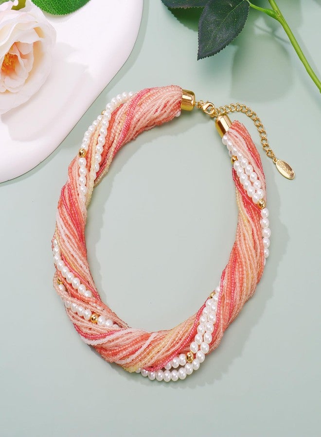 بوكار قلادة بوكار متعددة الطبقات بتصميم صدرية سميكة، مزينة بخرز ولؤلؤ بألوان متنوعة، هدية مثالية للنساء (NK-10775) (برتقالي مختلط) - Image 3