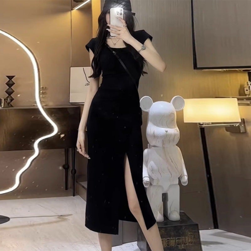 Square Neck Slit Black Tee Dress Summer 2023 Hao X647 Black