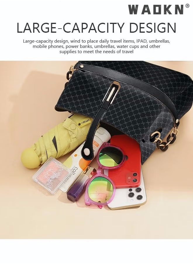 WAOKN - Women's Soft Faux Leather Tote Shoulder Bag from,PU Leather Handbag Large Capacity Shoulder Bag Female Leisure Shoulder Bags Fashion Purses Vintage Large Capacity Tote bag Black - Image 1