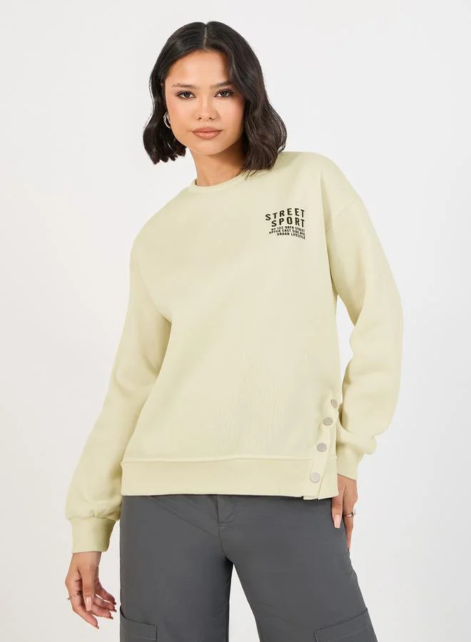 Styli Dropped Shoulder Printed Sweatshirt with Button Detail