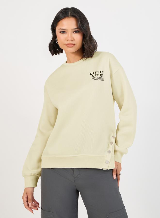 Styli Dropped Shoulder Printed Sweatshirt with Button Detail  - Image 3