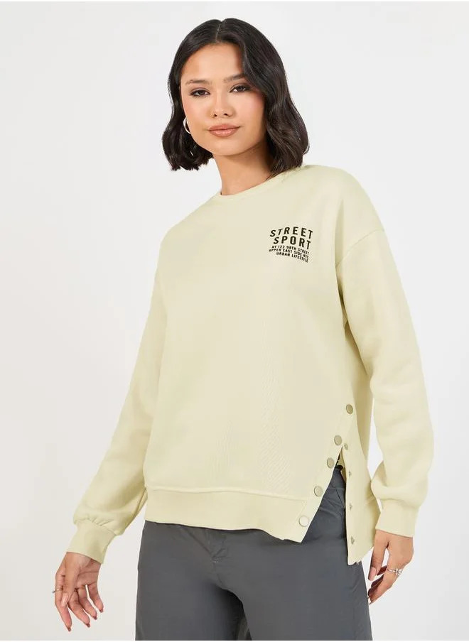 Styli Dropped Shoulder Printed Sweatshirt with Button Detail
