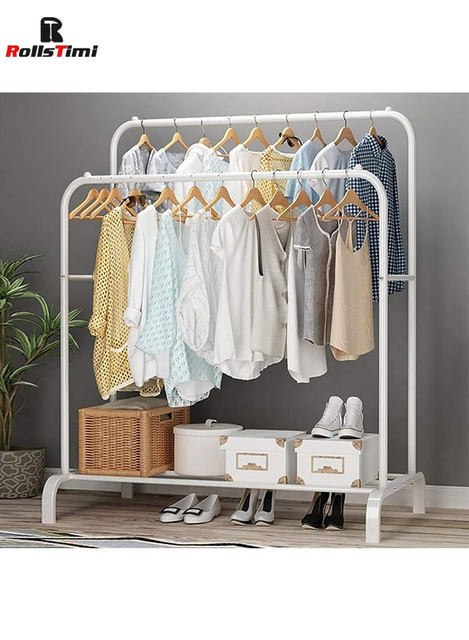 RollsTimi  Freestanding Hanger Double Pole Multi-functional Bedroom Clothing Rack, White - Image 1
