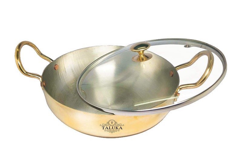 Taluka Heavy Weight Pure Brass Kadai for Cooking with Lid 35 Litre3500 ML Teflon Free Non Stick Handcrafted Kadhai 10x10x3 Inches - Image 2