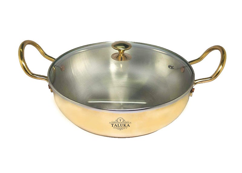 Taluka Heavy Weight Pure Brass Kadai for Cooking with Lid 35 Litre3500 ML Teflon Free Non Stick Handcrafted Kadhai 10x10x3 Inches - Image 1