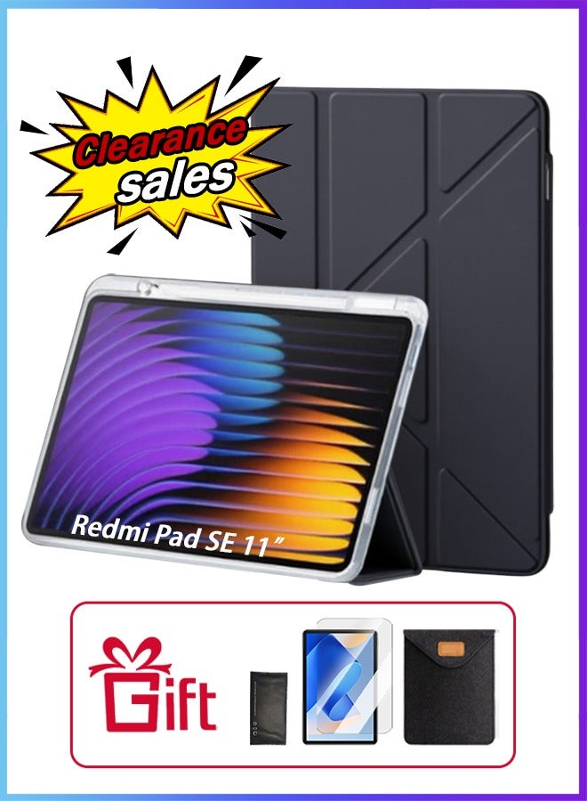 Redmi Pad SE 11 Inch Cover, For Redmi SE Cover With Pen Slot, Case For Shockproof Y Folding Stand, Transparent Tpu Protective Cover,  Flip Cover Stand Smart Wake-Up/ AED 23 Gift Set Anti-Glare Protective Film - Black - Image 1