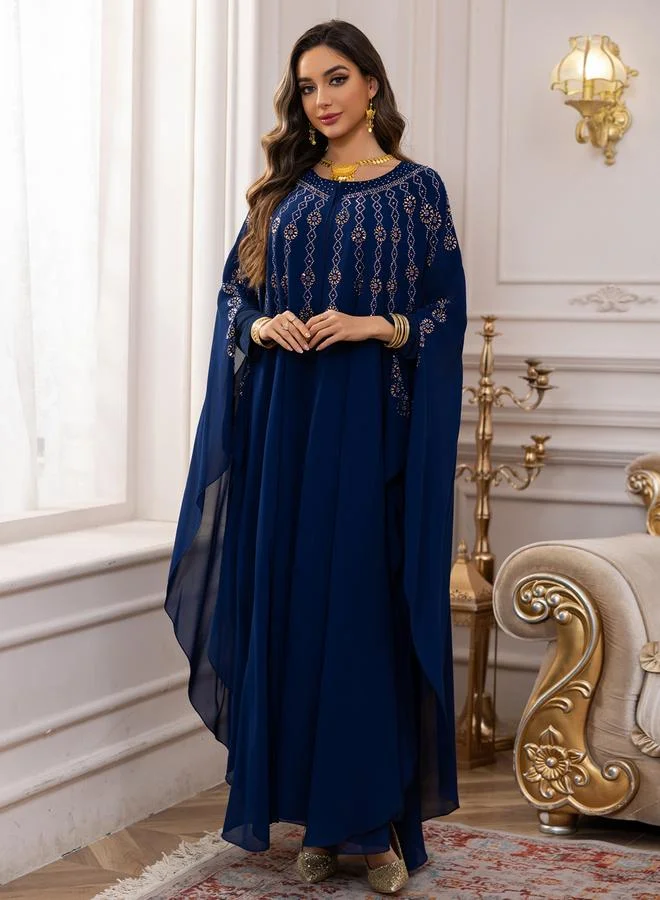 Take Two Navy Blue Embellished Cape Style Abaya and Dress Modest Set