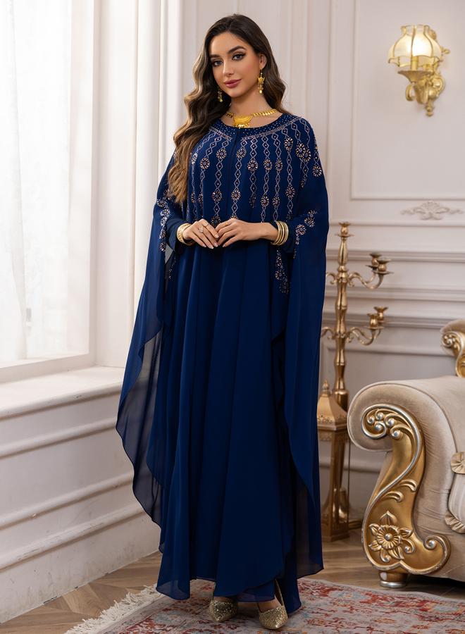 Take Two Navy Blue Embellished Cape Style Abaya and Dress Modest Set - Image 2
