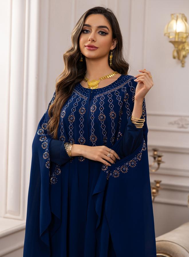 Take Two Navy Blue Embellished Cape Style Abaya and Dress Modest Set - Image 4