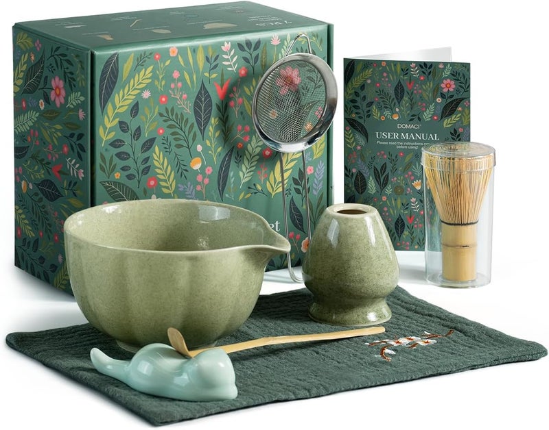 Domaci Matcha Whisk Set, 7 Pcs Japanese Matcha Kit Includes Matcha Bowl with Spout, Bamboo Whisk, Chasen Holder, Stainless Sifter, Scoop and Rest, Tea Towel, Matcha Tea Set Gift for Family/Friend - Image 1
