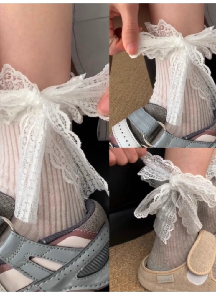 جوارب ربطة عنق دانتيل نسائية أبيض ، أبيض ، رمادي 【3 أزواج】 - Image 1
